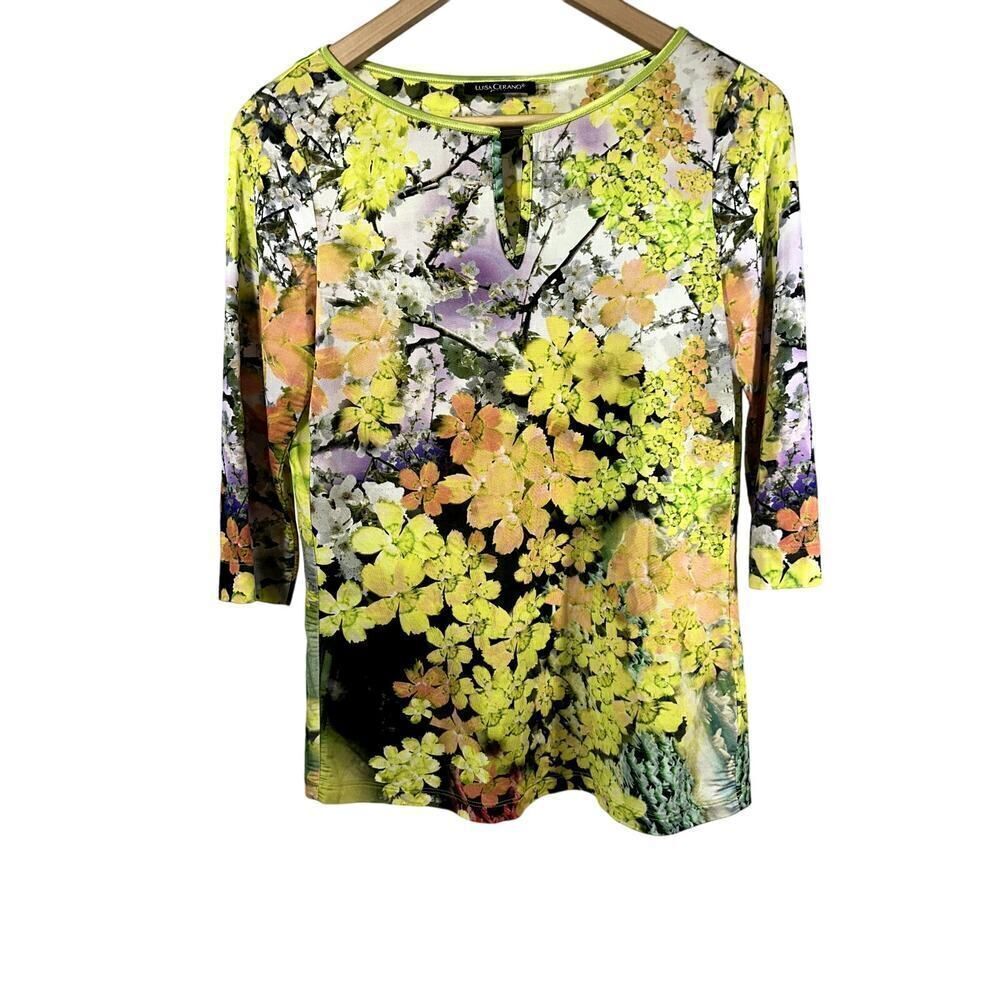 LUISA CERANO Women's Floral Boat Neck 3/4 Sleeve Blouse Yellow Size 8